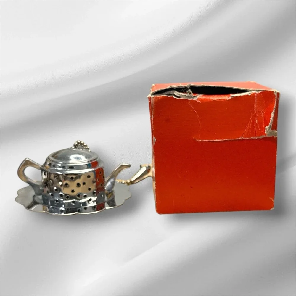 Lillian Vernon Tea Infuser Teapot Tray Stainless Steel Vintage Original Box